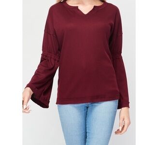 BAEA Flare Sleeve Thermal V-Neck Women's T-shirt In Bordeaux